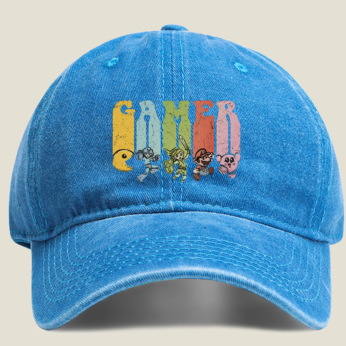 Gamer: Pac-Man, Mega Man, Zelda, Mario, Kirby - Washed Denim - Baseball Cap