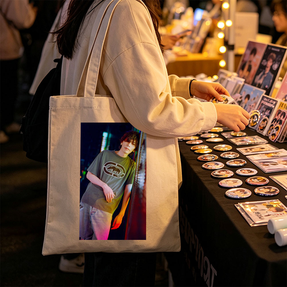 Miyavi in Urban Night Scene Wearing Olive Green T-Shirt with Bear Logo and Distressed Jeans - Canvas tote bags