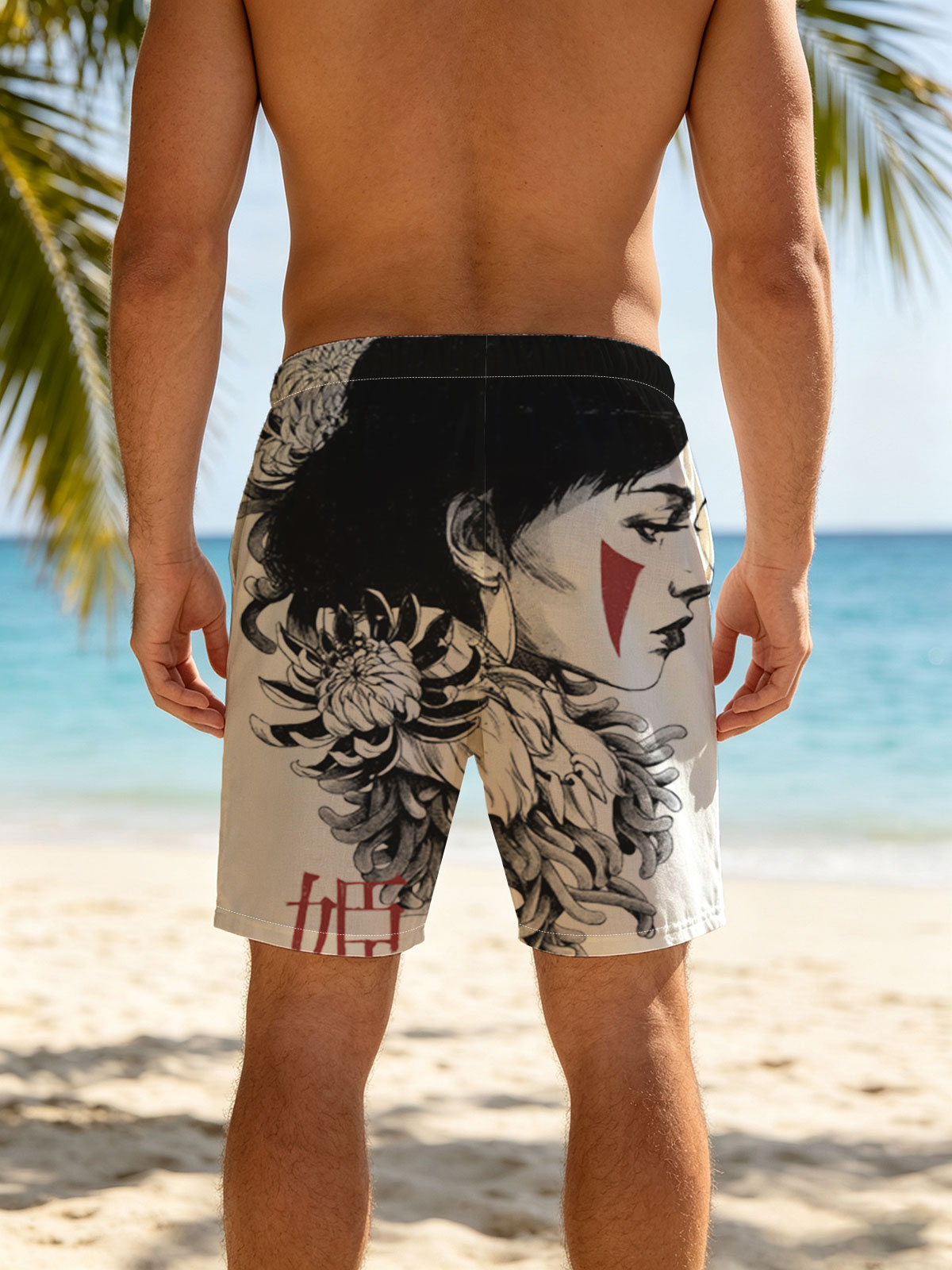 Geisha with Chrysanthemum and Red Accents -  Beach shorts