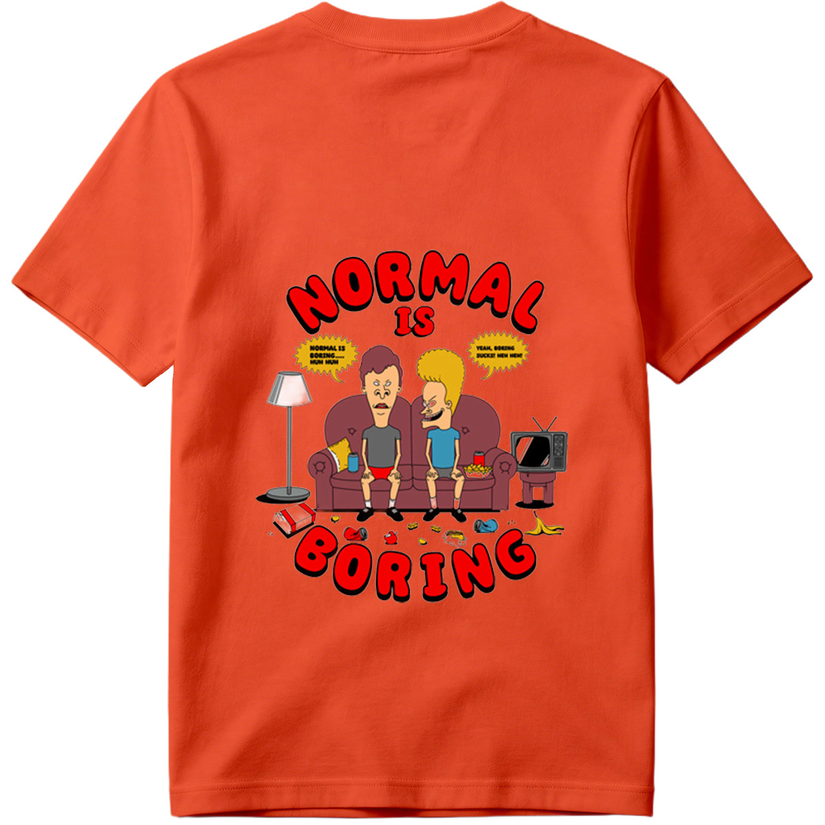 Normal Is Boring: Two Cartoon Characters on Couch with Chaos Around - Tee