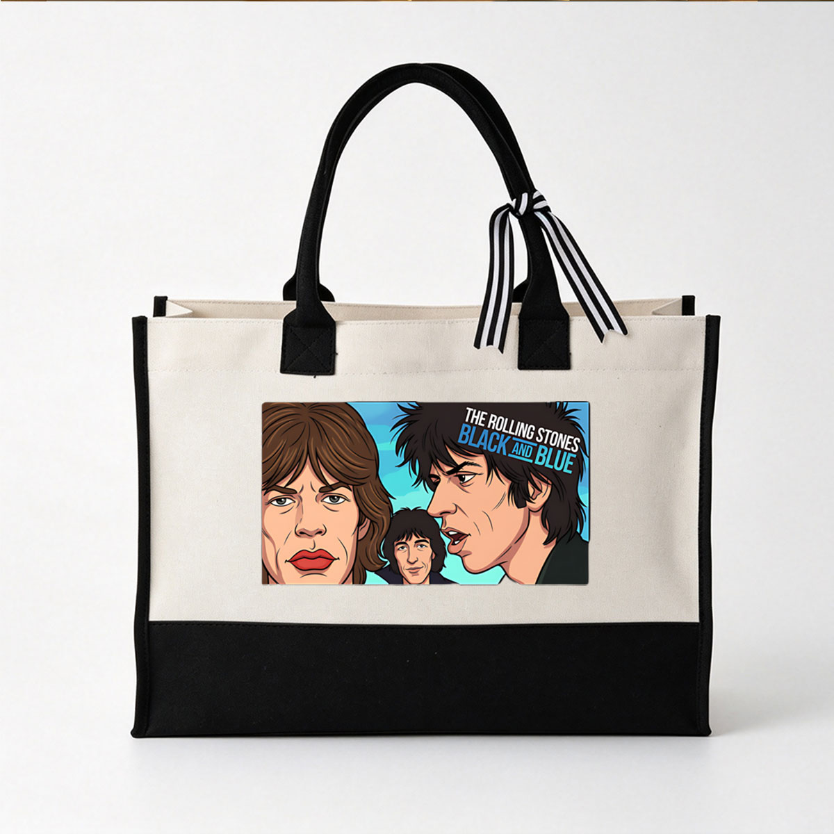 The Rolling Stones: Black and Blue - Mick Jagger, Keith Richards, and Ronnie Wood in Animated Portrait - Canvas patchwork gift tote bag