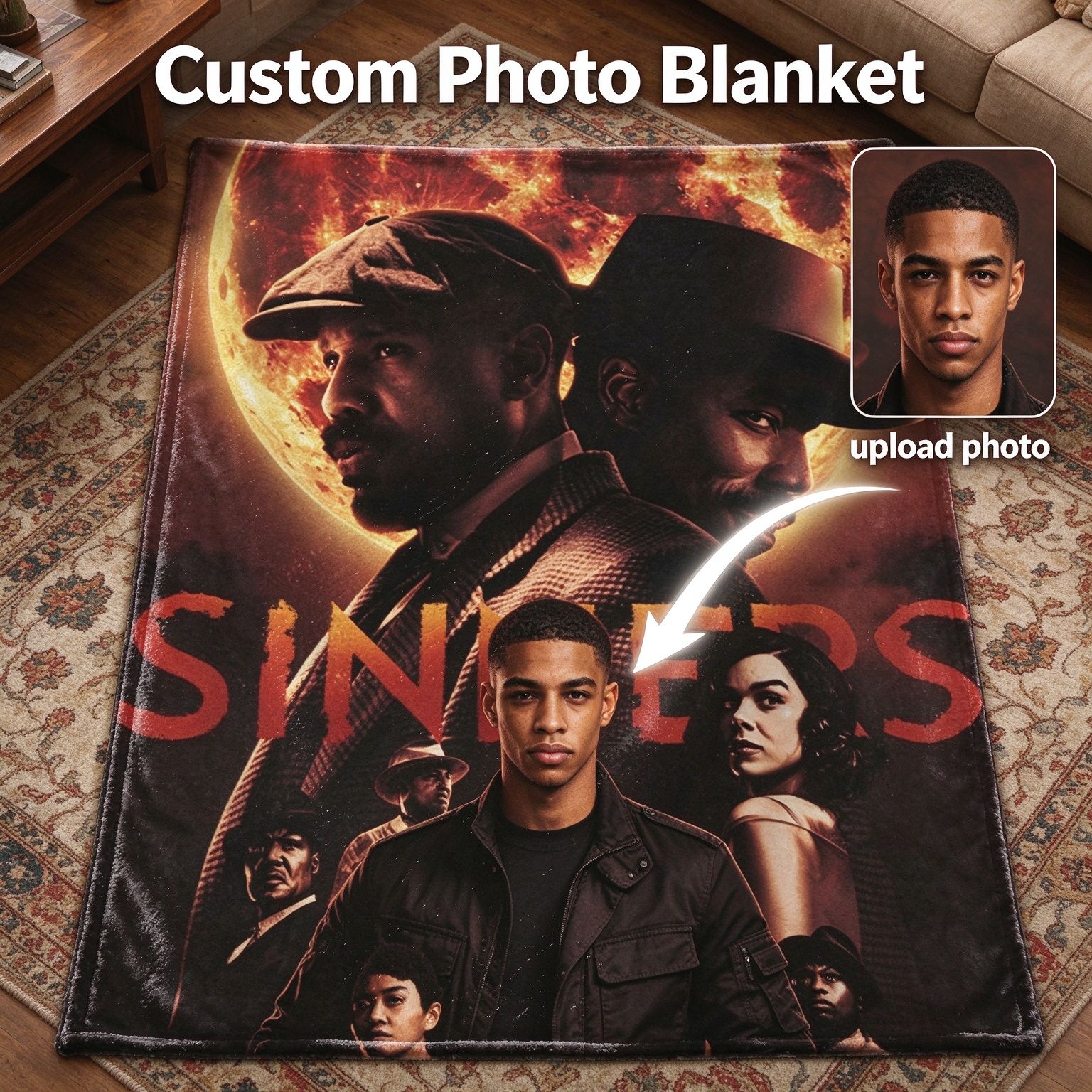 Custom Photo Flannel Throw Blanket Personalized Face Print Fleece Cover for Couch Sofa Bed Cozy Commemorative Gift