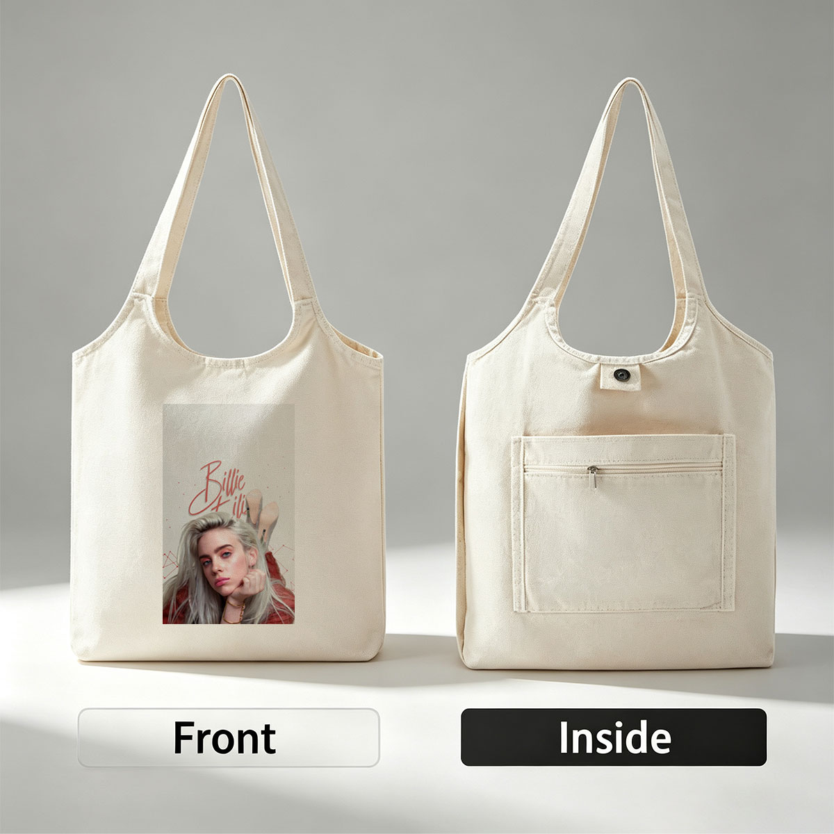 Billie Eilish - Close-Up Portrait with Blonde Hair and Red Outfit - Canvas shoulder bags/