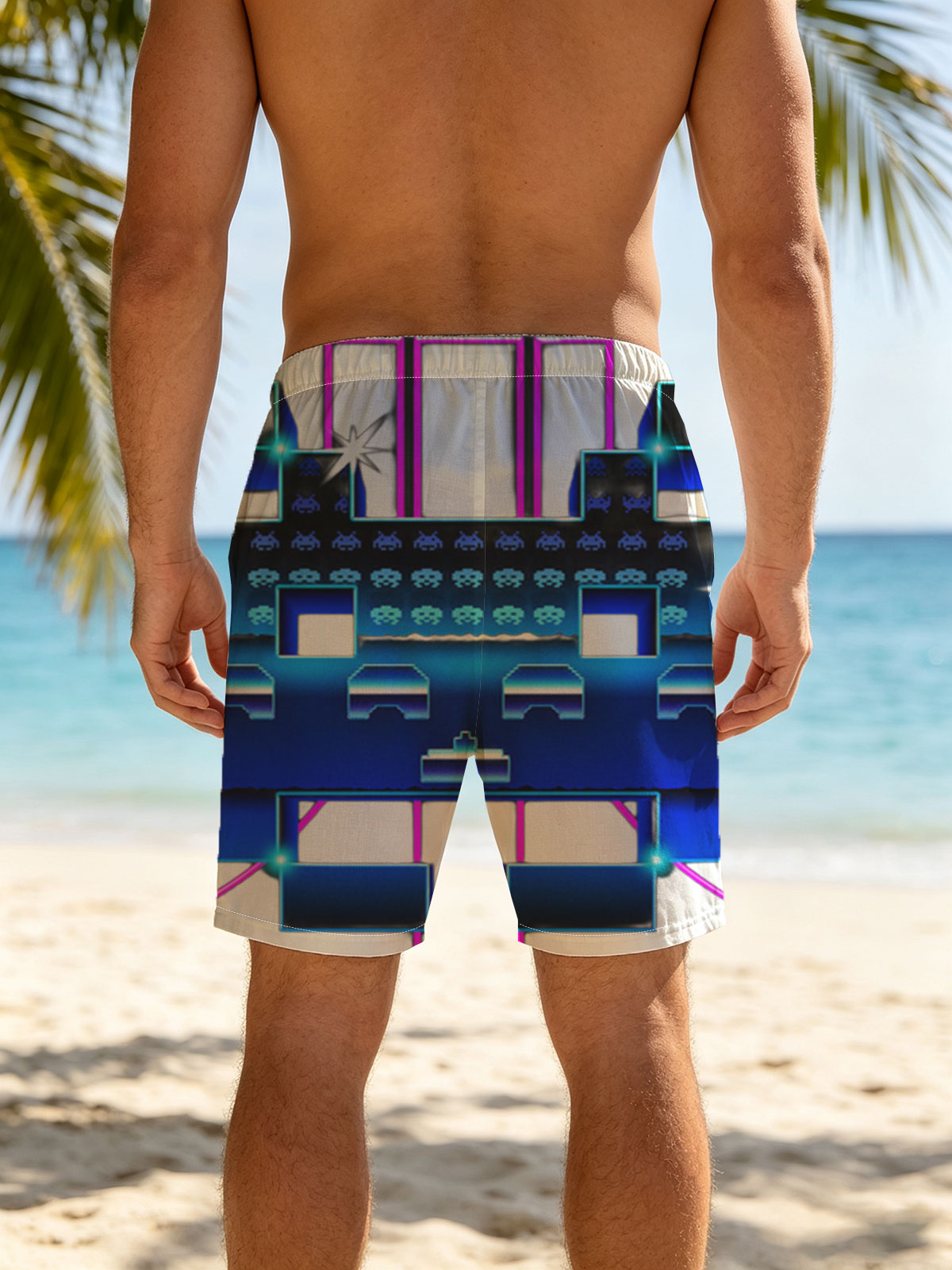 Space Invaders: Classic Arcade Game with Pixel Aliens and Neon Platforms -  Beach shorts