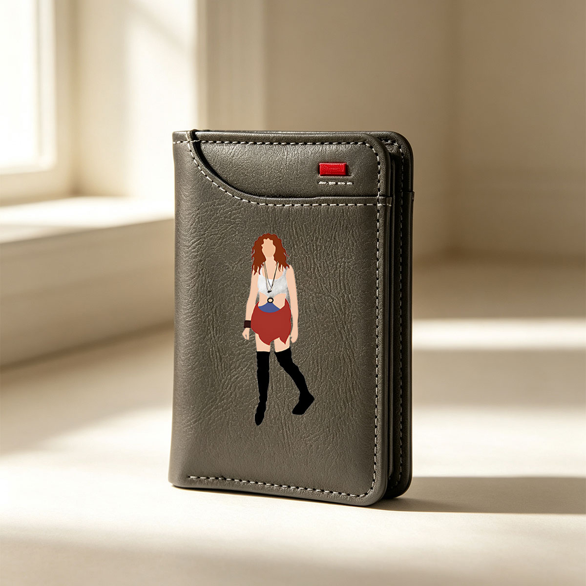 Red-Haired Woman in Red Shorts and Black Boots - Vertical Style Wallet