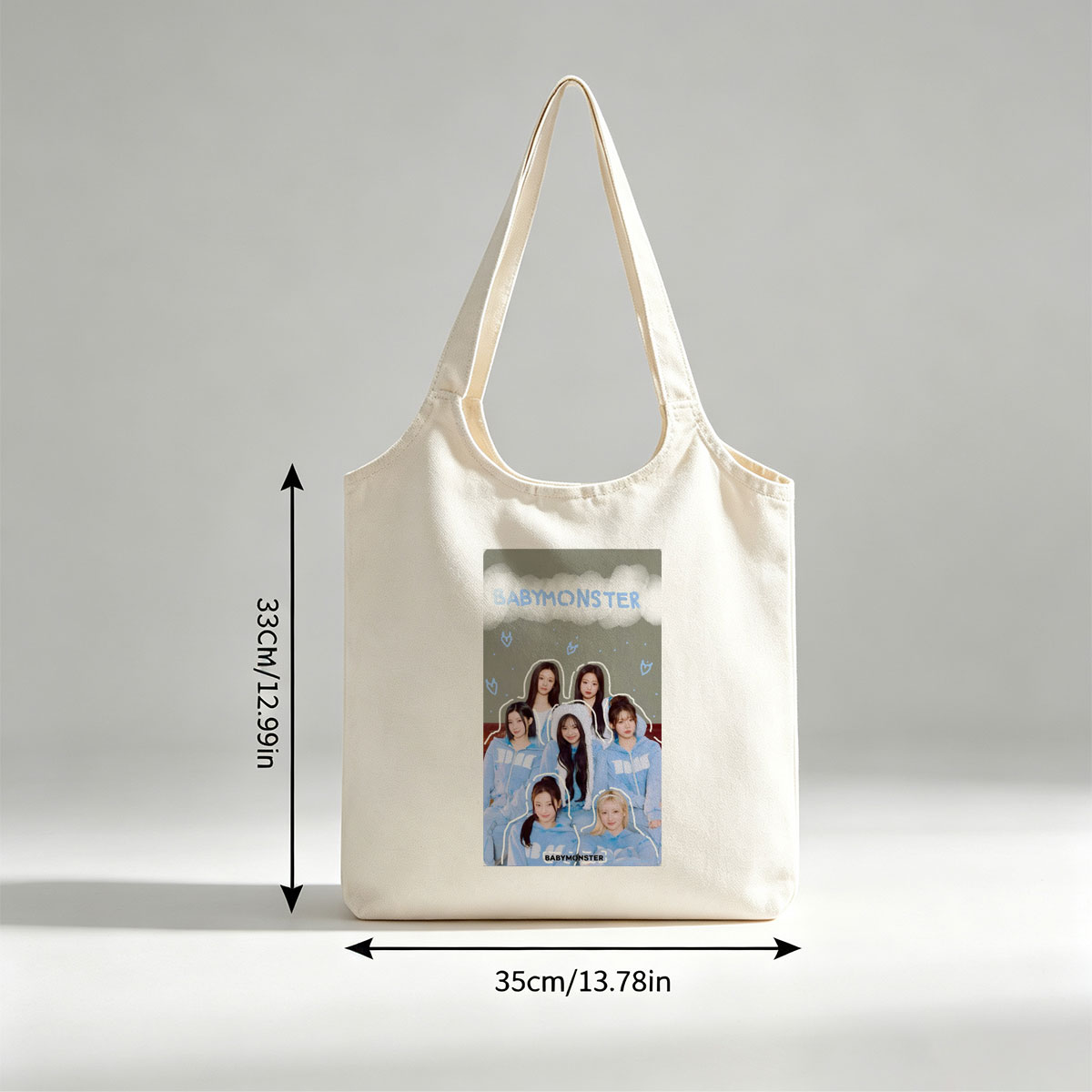 BABYMONSTER Group Photo in Matching Blue Hoodies with Cloud and Heart Design Background - Canvas shoulder bags/