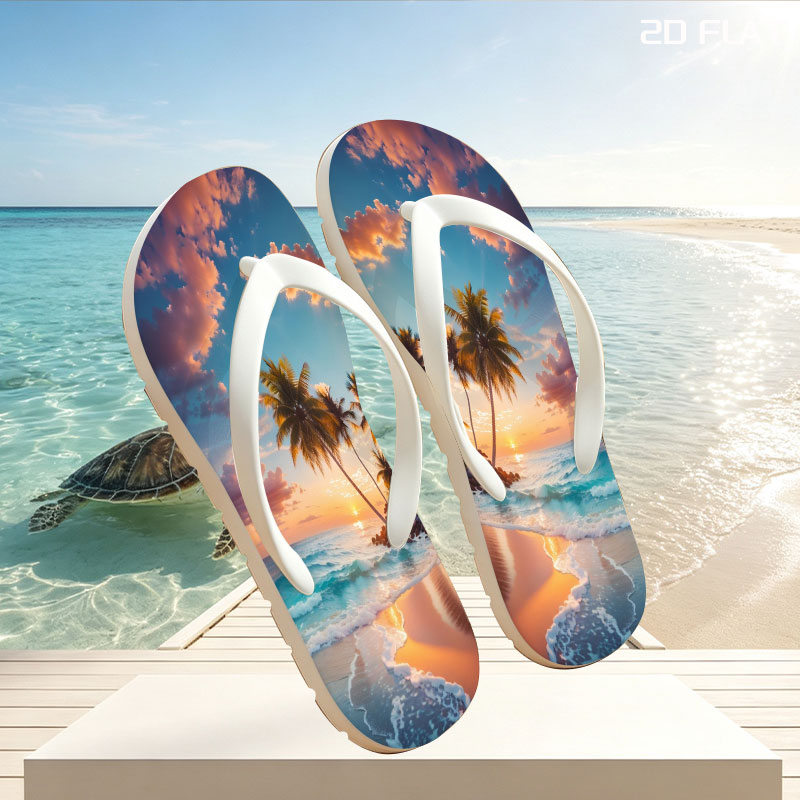 Tropical sunset with palm trees and waves on a sandy beach -  flip-flops