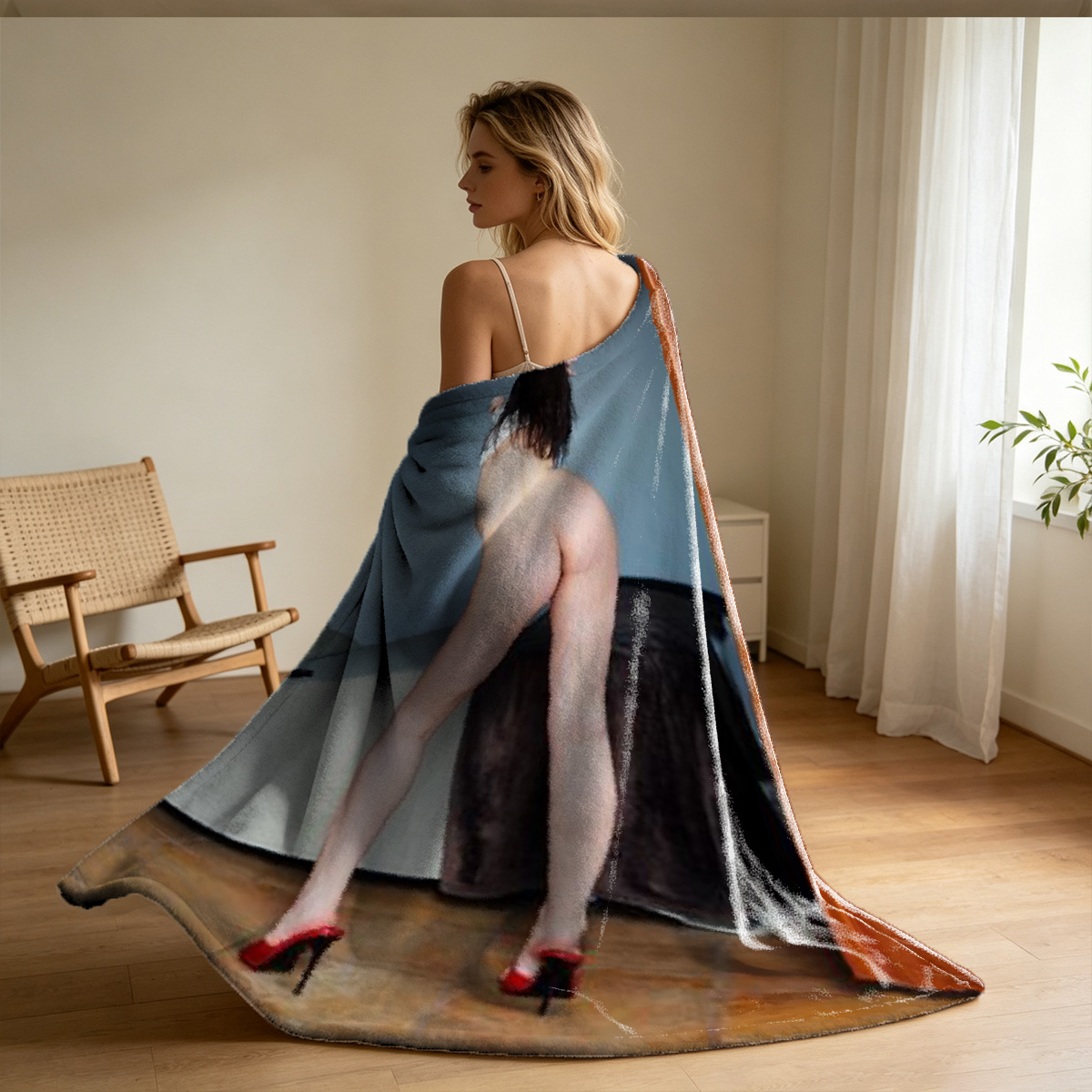 Naked Blonde Sitting in Bathroom Doorway with Legs Raised - Blanket