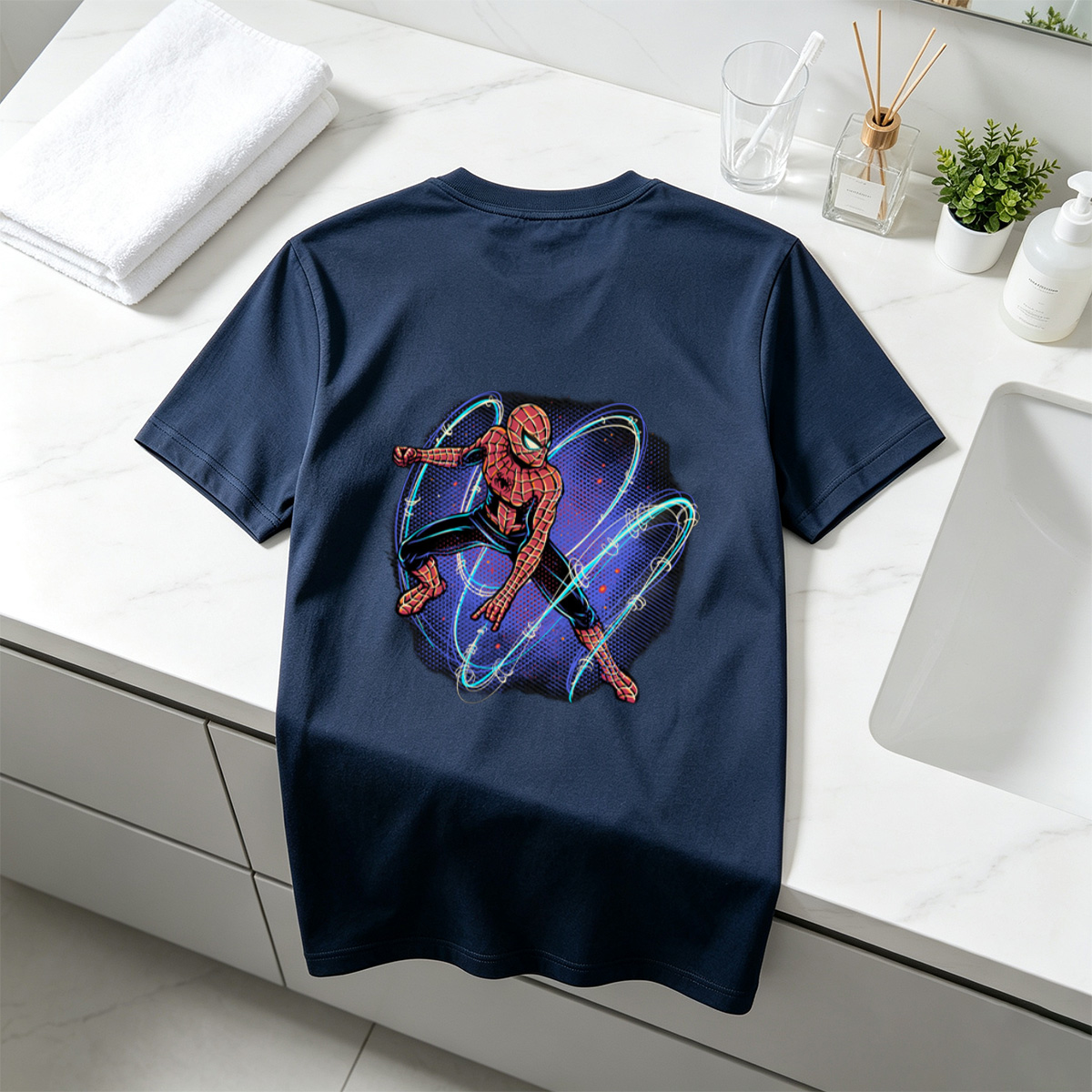 Spider-Man in Action with Dynamic Web Swirls - Tee