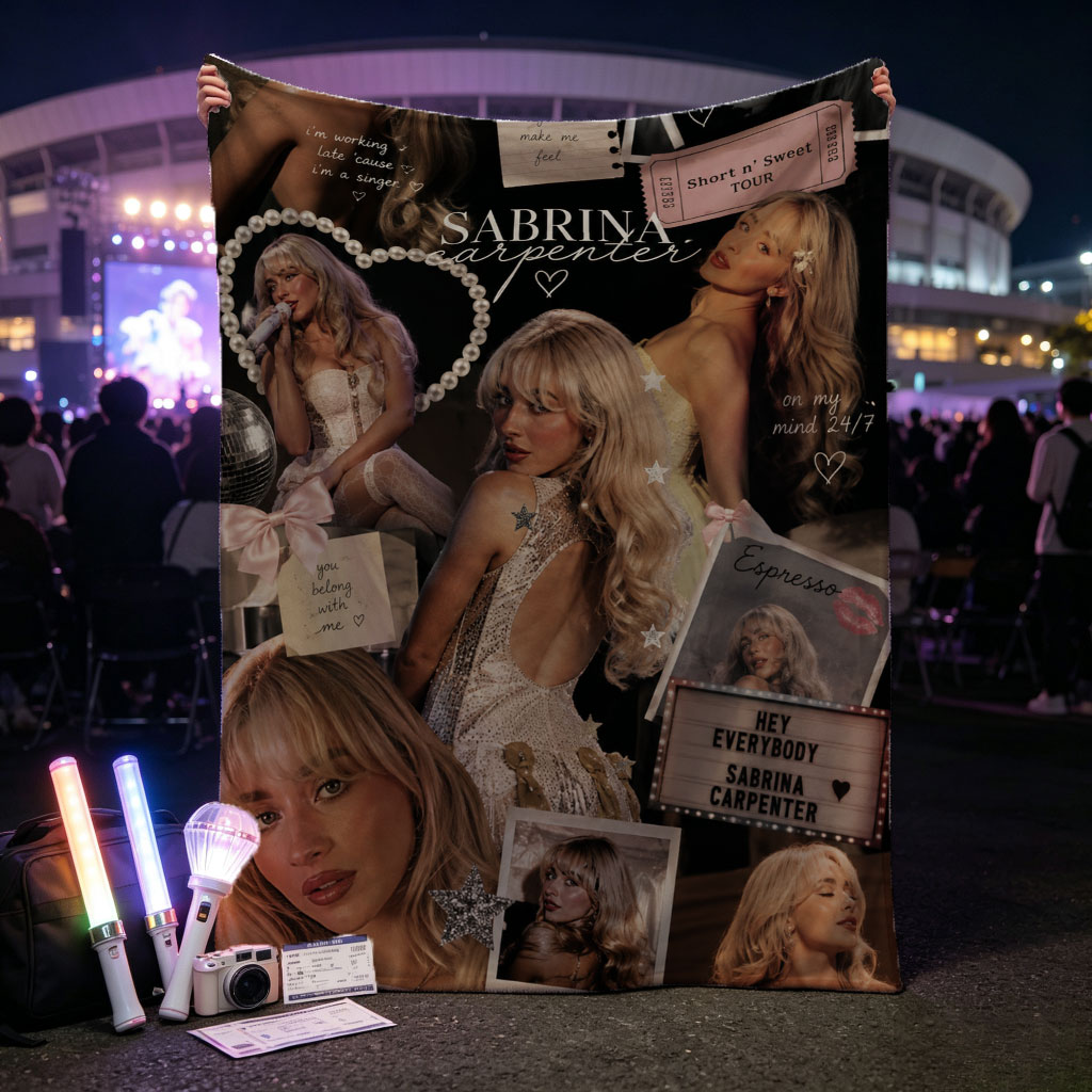 Sabrina Carpenter Collage - Aesthetic Photo Montage Featuring Concert Tour and Romantic Themes - Blankets