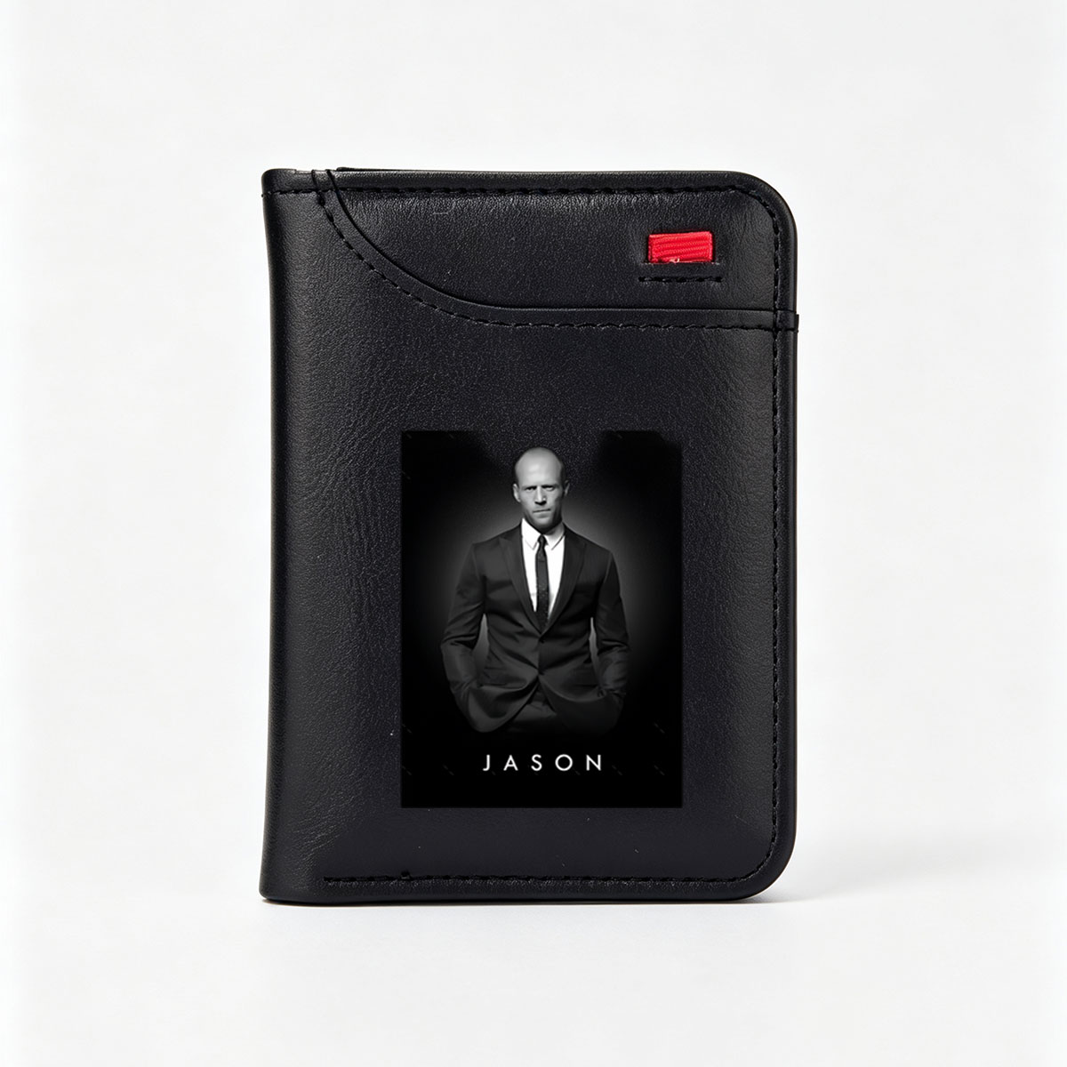 Jason Statham in a formal suit, black and white portrait - Vertical Style Wallet