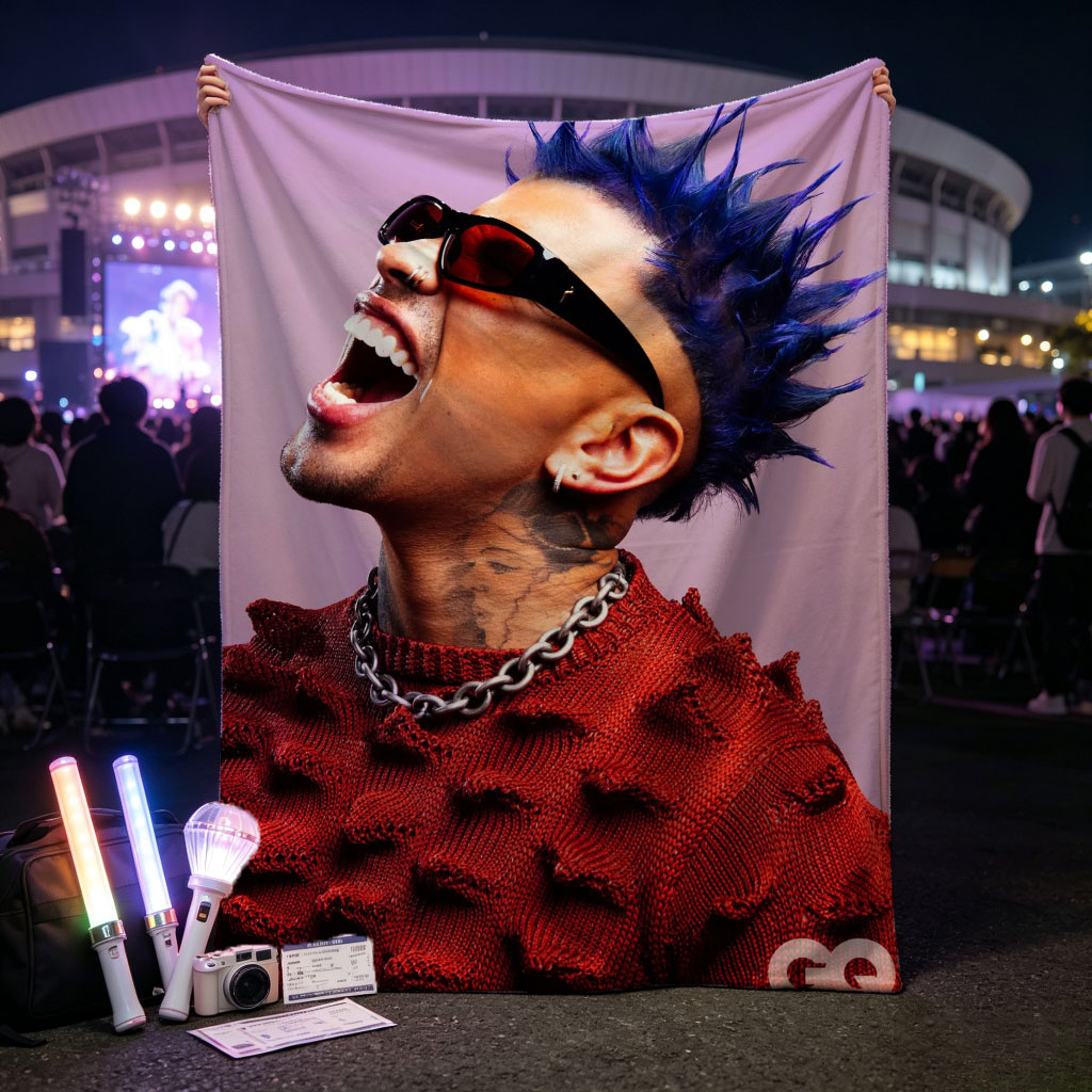 Daddy Yankee in a Bold Red Sweater with Spiky Blue Hair and Sunglasses, Laughing Loudly Against a Purple Background - Blankets