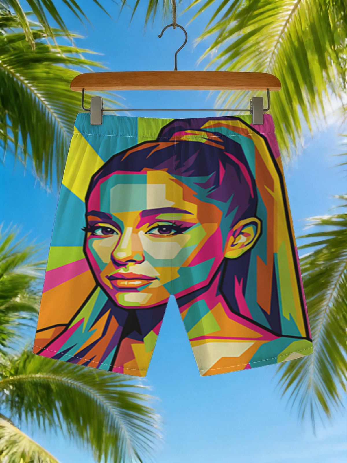 Colorful Pop Art Portrait of a Woman with Vibrant Geometric Patterns -  Beach shorts