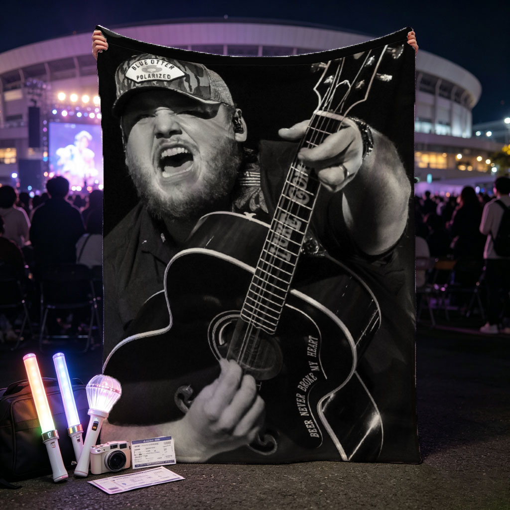 Luke Combs Performing with Acoustic Guitar in Black and White Photo - Blankets