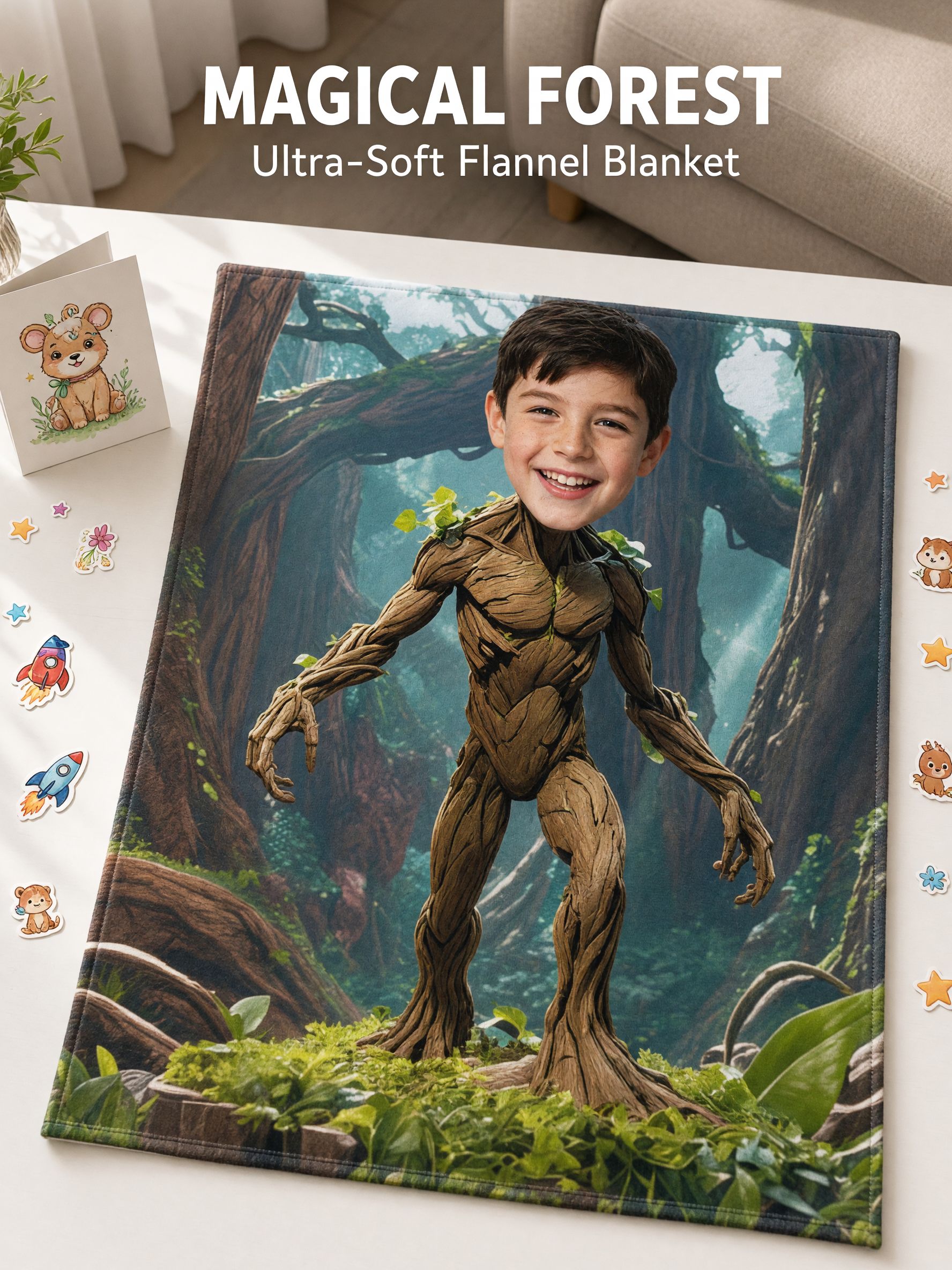 Custom Face Photo Flannel Blanket, Personalized Forest Tree Warrior Throw, Ultra Soft Fleece Cozy Gift for Bed and Sofa