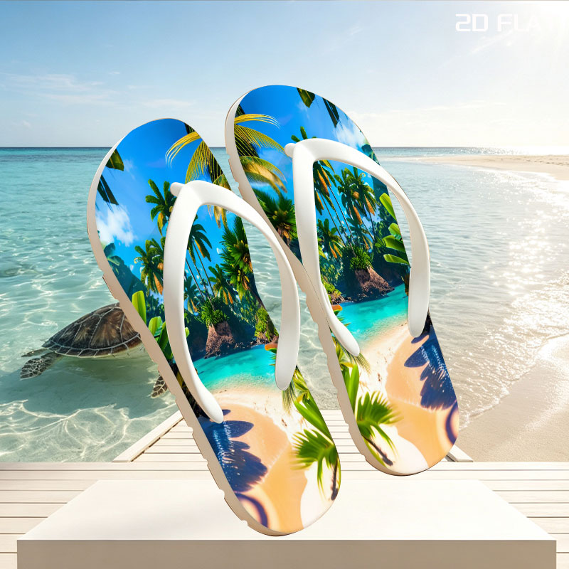 Tropical Paradise Beach with Palm Trees and Crystal Clear Water -  flip-flops