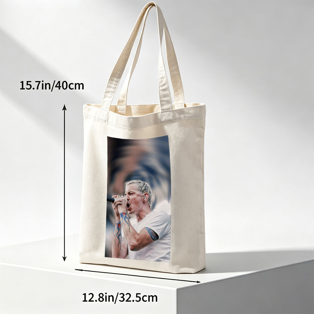 Blink-182 Lead Singer Performing with Microphone and Tattooed Arms - Canvas tote bags