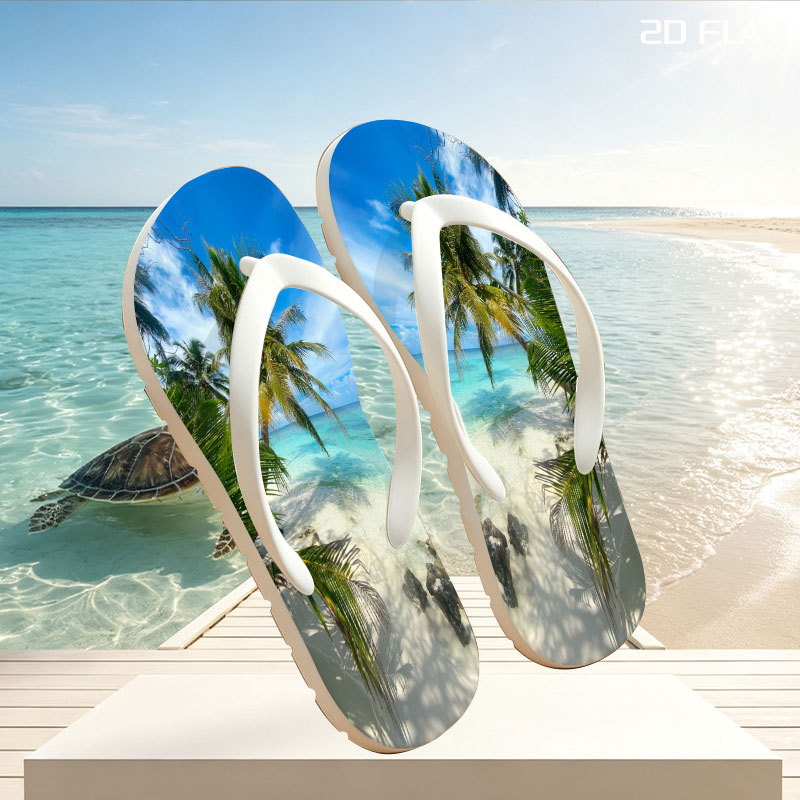 Tropical Beach with Palm Trees and Crystal Clear Water -  flip-flops