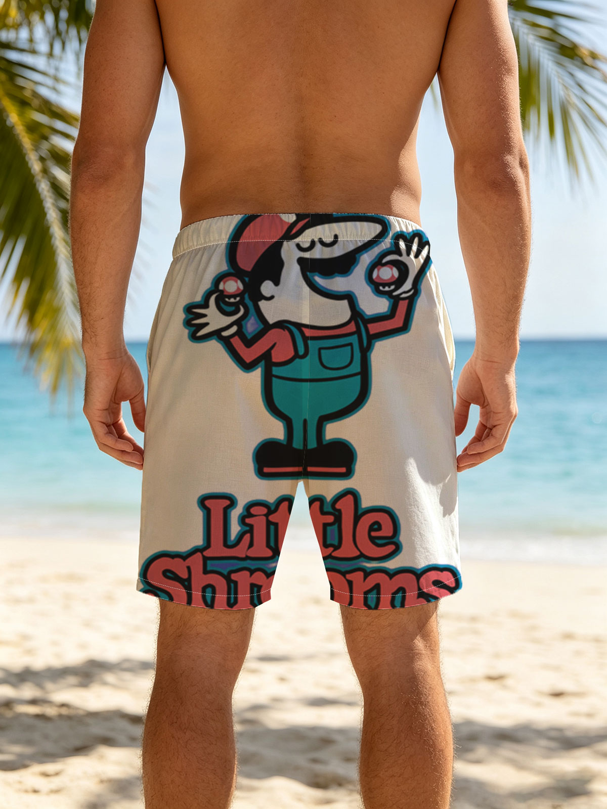 Little Shrooms: Mario-Inspired Mushroom Character with Red Caps and Blue Overalls -  Beach shorts