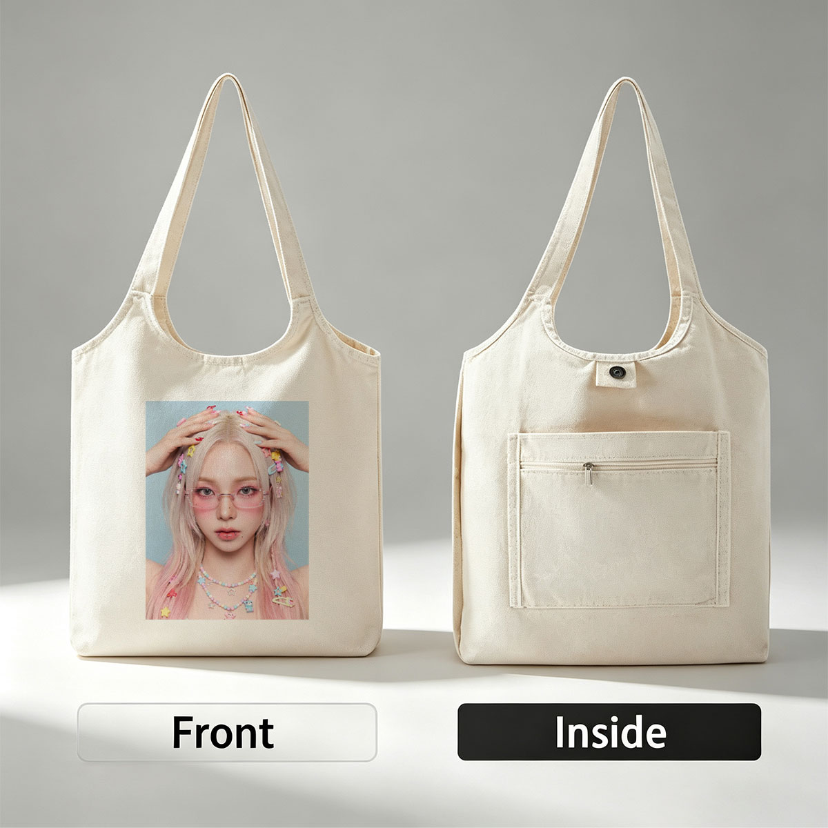 Dami Im in a Pastel-Themed Look with Colorful Hair Clips and Pink Glasses - Canvas shoulder bags/