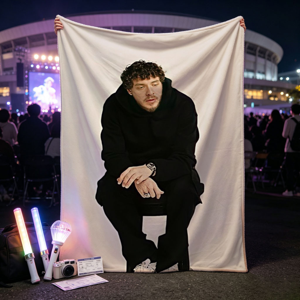 Lauv Sitting on a Stool Wearing All Black Outfit and White Sneakers - Blankets