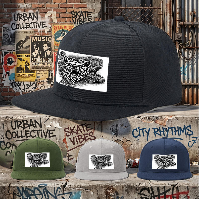Flat Brim Baseball Cap Bear Head Tactical Art Print Streetwear Underground Skate Style for Basketball Court Skate Park Urban Scene Men Women Hip Hop Riders