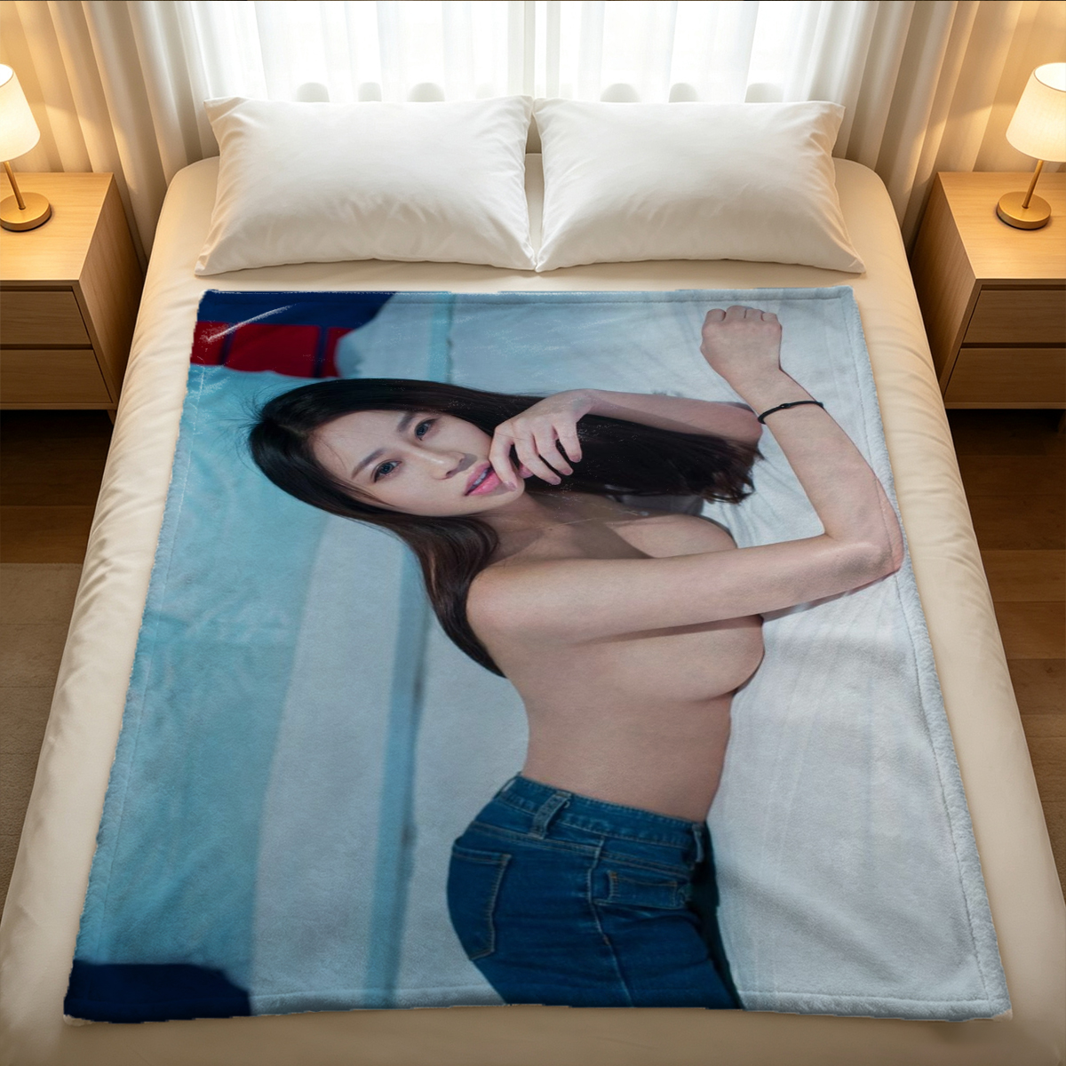 A woman in white lace lingerie and thigh-high stockings posing seductively on a kitchen counter. - Blanket