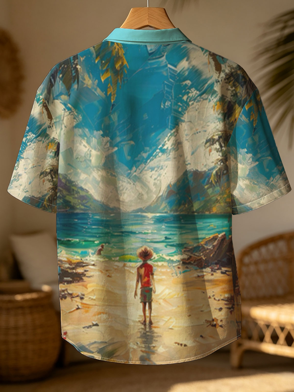 A woman walks on a tropical beach, framed by palm trees and turquoise waters under a vibrant sky. -  Shirt