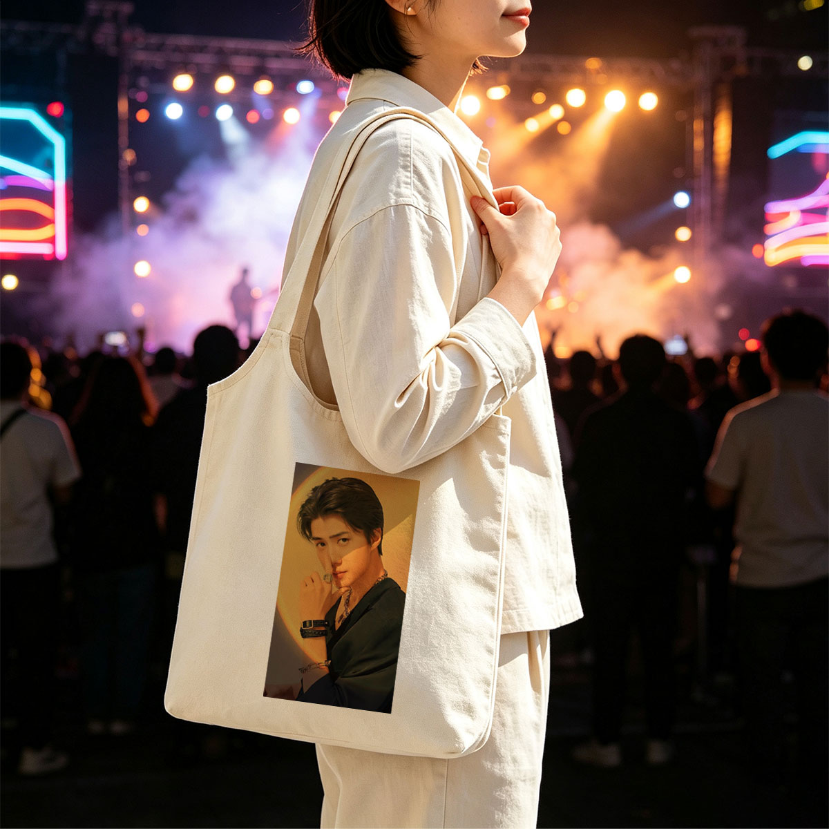 Felix from Stray Kids in a Stylish Pose with Dramatic Lighting and Fashion Accessories - Canvas shoulder bags/