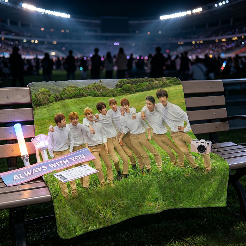 BTS in a Serene Mountain Field Wearing Matching White Shirts and Beige Pants - Blankets