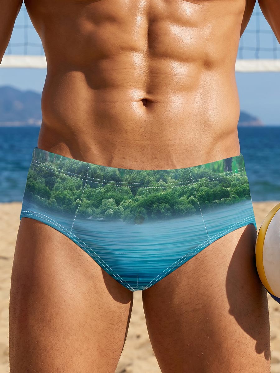 Sunlit Tropical Waters with Palm Trees and Underwater View -  Men's swim trunks