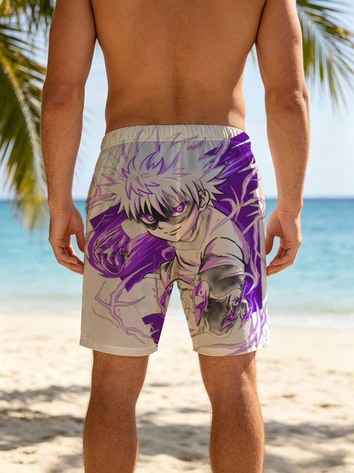 Saitama from One Punch Man in a dynamic pose with purple energy effects -  Beach shorts