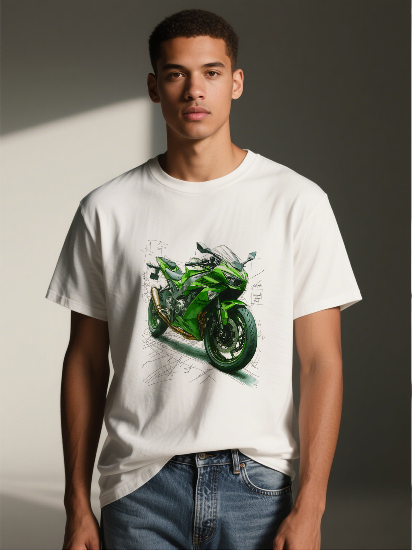 Men's Graphic T-Shirt Green Motorcycle Design Sketch Style Casual Round Neck Summer Lightweight Breathable Short Sleeve T-Shirt for Bikers and Motorbike Enthusiasts Adult Male Riders