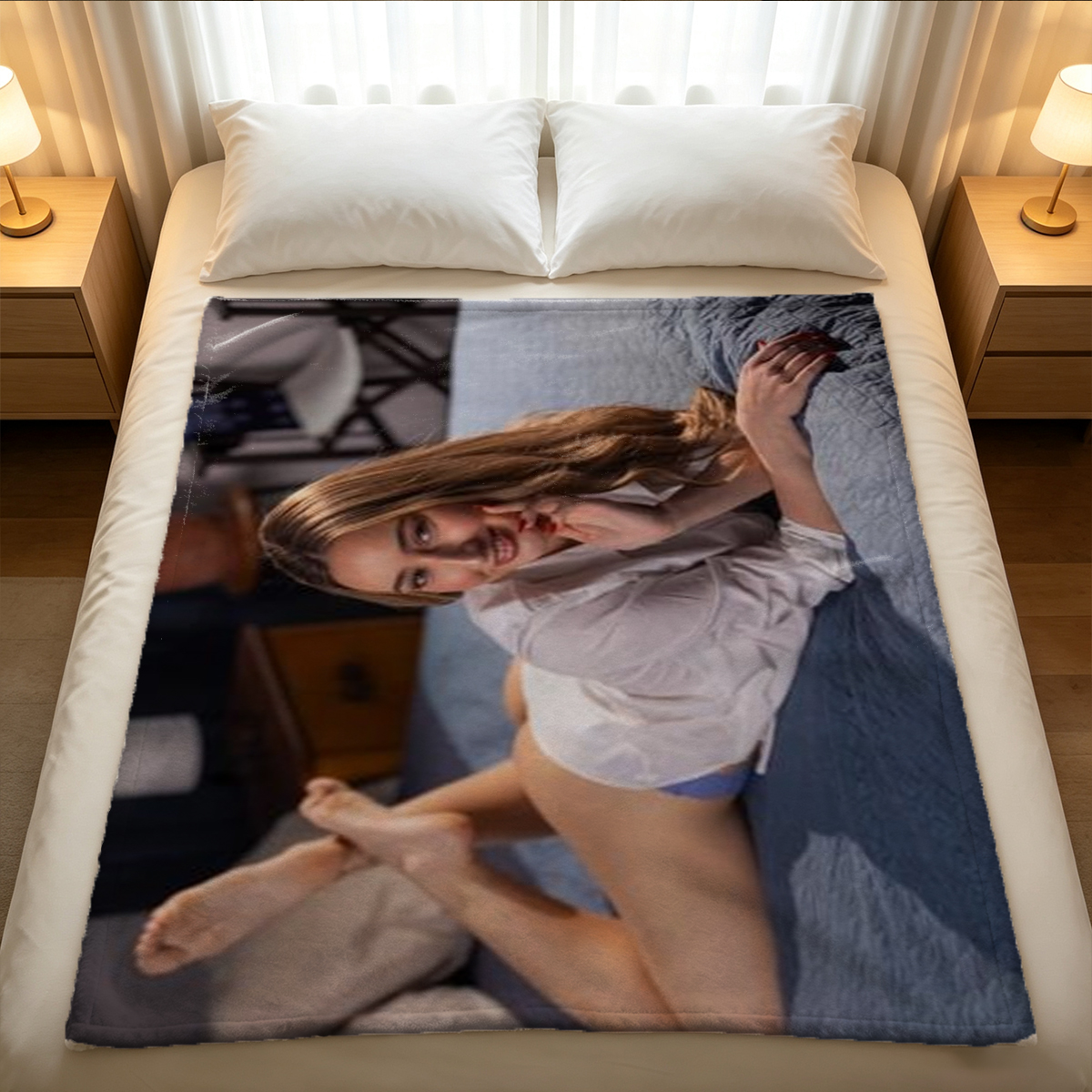 A woman in a nurse hat and white lingerie lies seductively on a dark couch, holding a man's hand between her legs. - Blanket