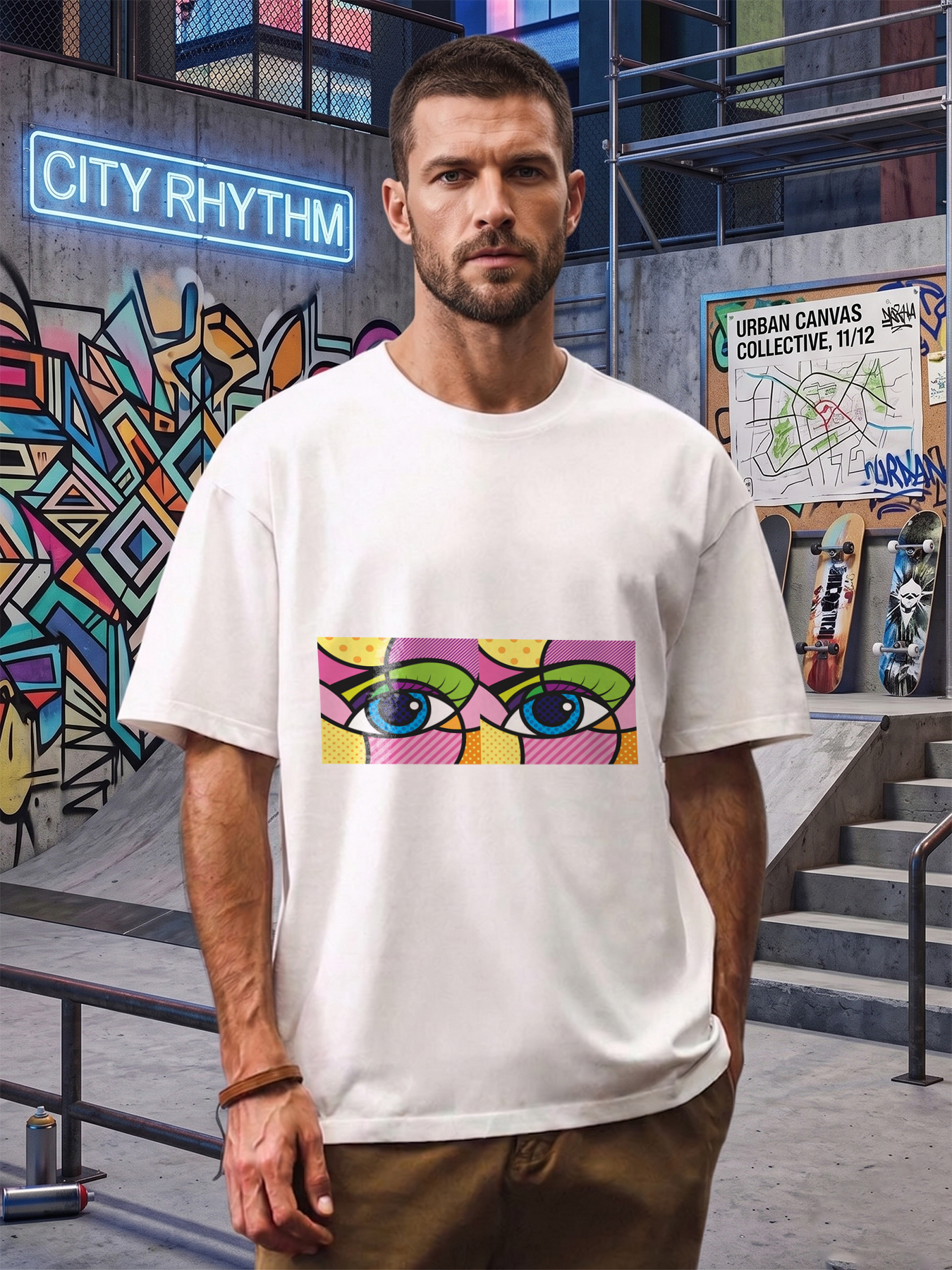 Men's Pop Art Eyes Print T-Shirt Colorful Eye Graphic Design Casual Round Neck Lightweight Breathable Summer Short Sleeve Tee for Everyday Wear, Street Style, and Outdoor Activities for Adults