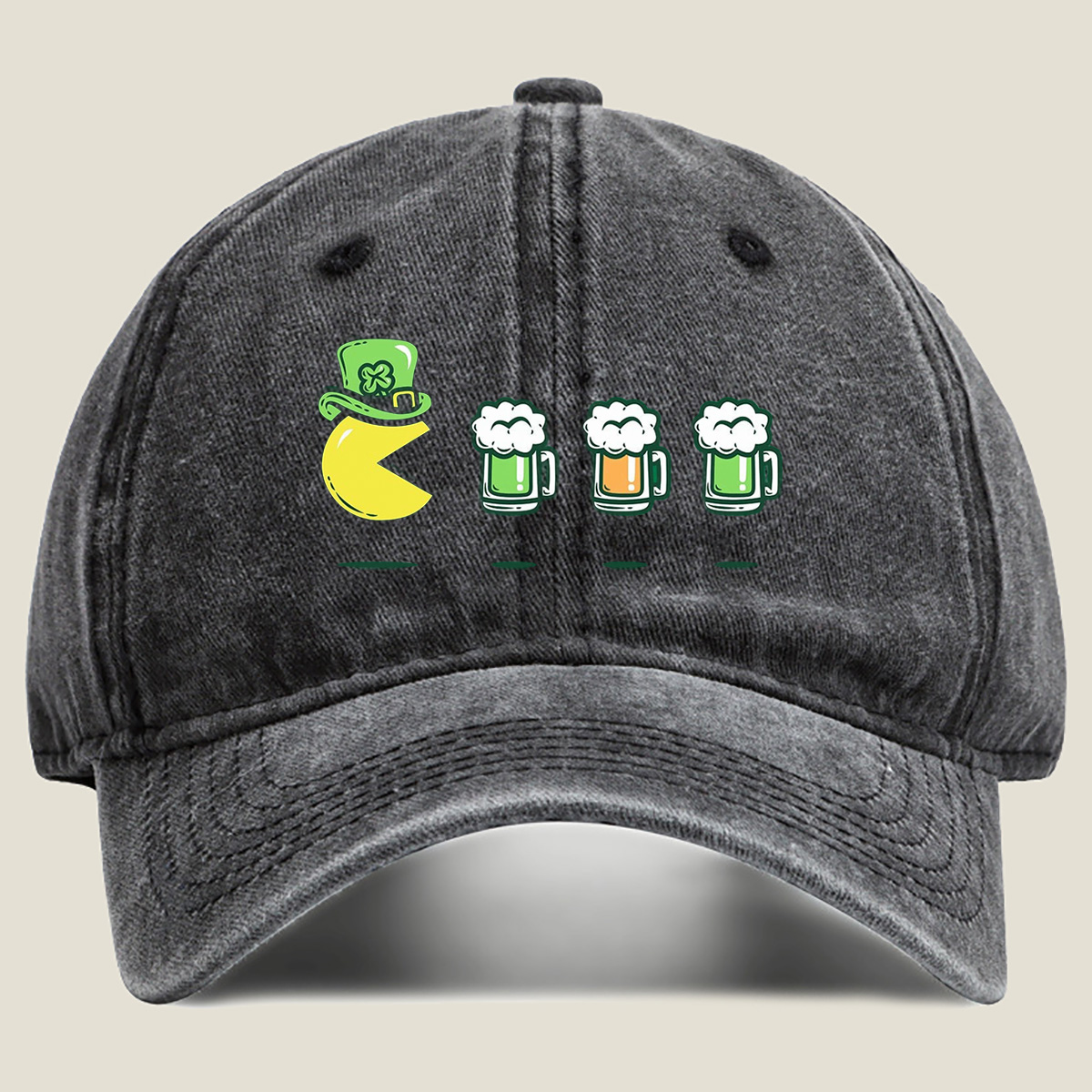Pac-Man Wears a Leprechaun Hat and Approaches Beer Mugs - Washed Denim - Baseball Cap
