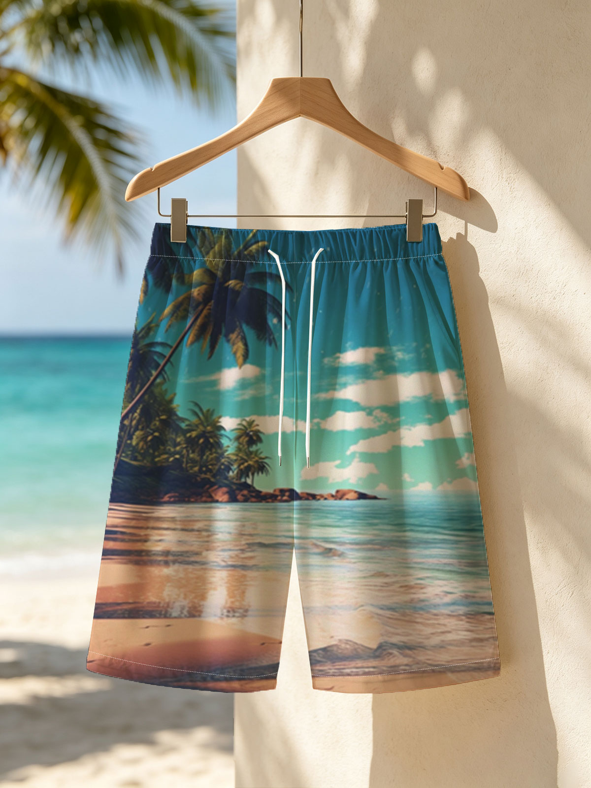 Tropical Beach with Palm Trees and Crystal Clear Water -  Beach shorts