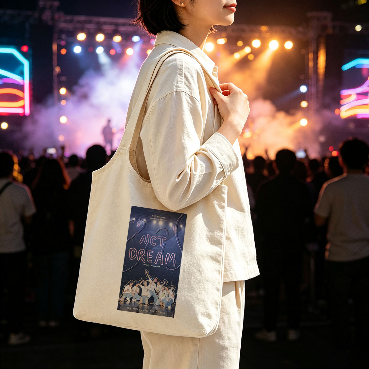 NCT DREAM on Stage Performance in Vibrant Group Photo with Cosmic Background - Canvas shoulder bags/