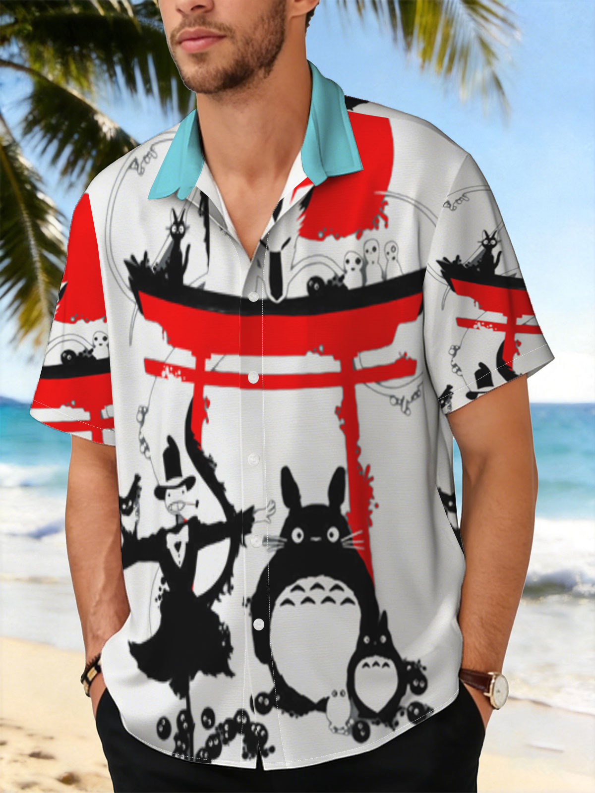 Totoro, No-Face, and Spirited Away Characters in a Japanese Shrine Scene -  Shirt