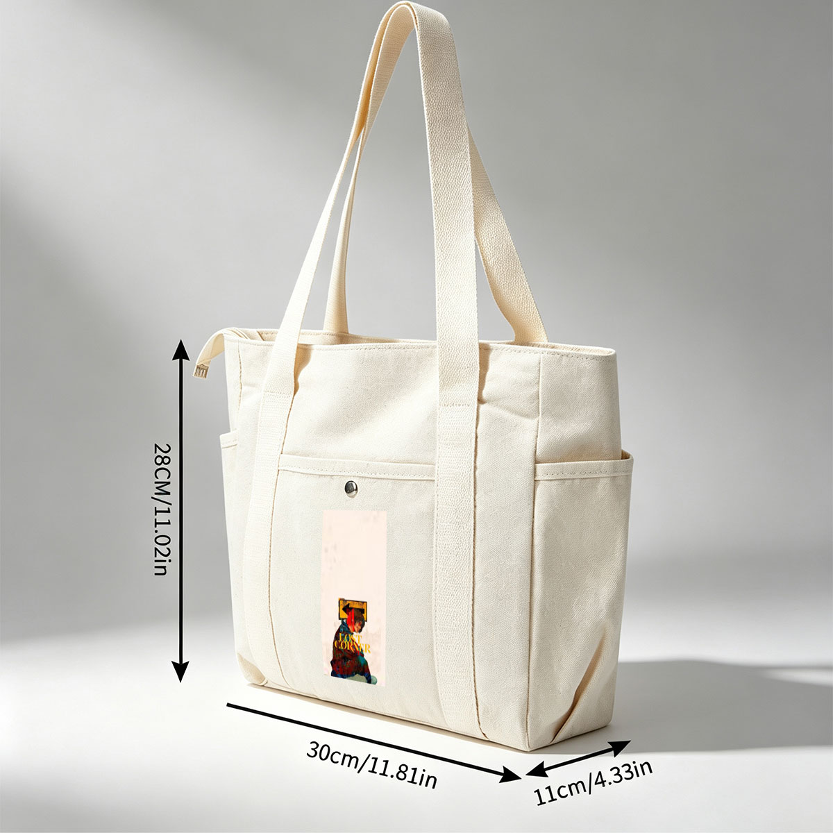 Lost Corner Artist in Colorful Jacket with Arrow Sign and Text Overlay - Multi-pocket bags