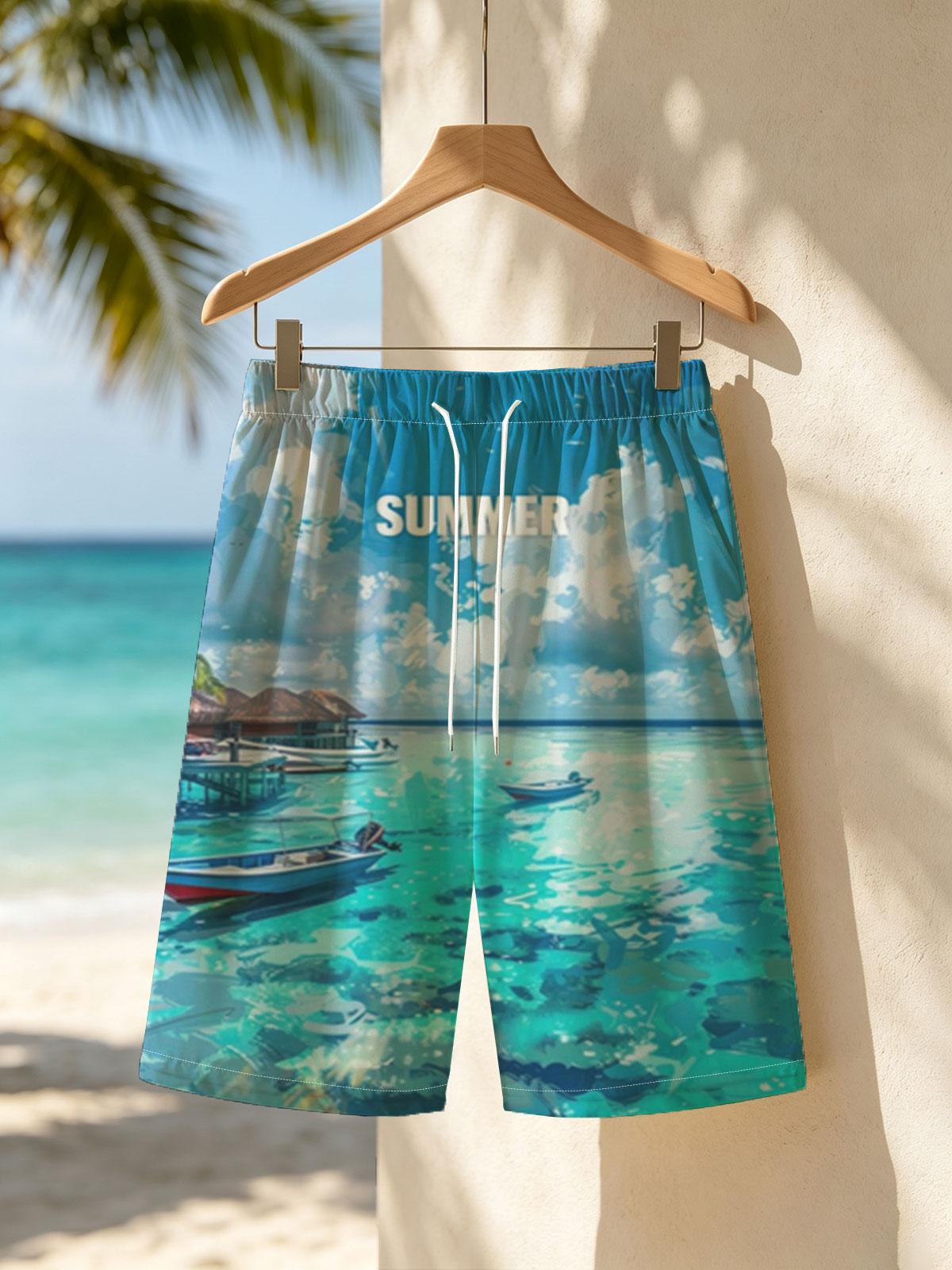 Crystal Clear Waters and Boats Under a Summer Sky -  Beach shorts