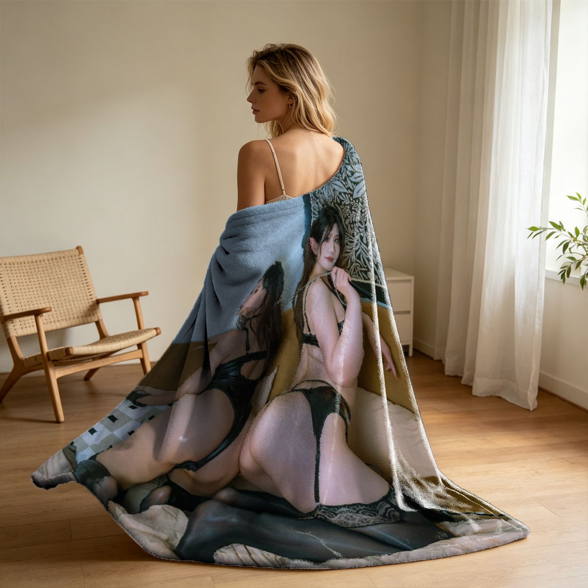 Emma Watson in a blue satin dress sitting on a red leather couch. - Blanket
