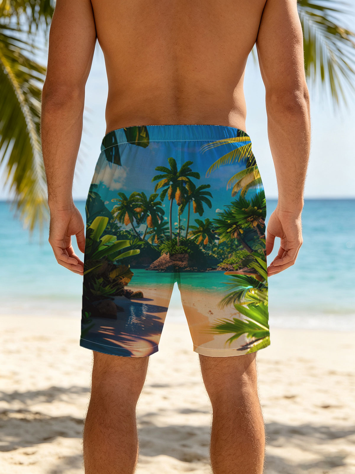 Tropical Paradise Beach with Palm Trees and Crystal Clear Water -  Beach shorts
