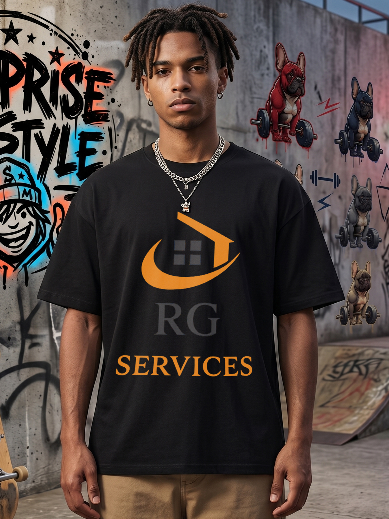 Men's Printed T-Shirt with RG SERVICES Logo and House Design, Casual Round Neck Summer Lightweight Breathable Short Sleeve T-Shirt for Work, Office, Daily Wear, Ideal for Professionals and Service Industry Workers