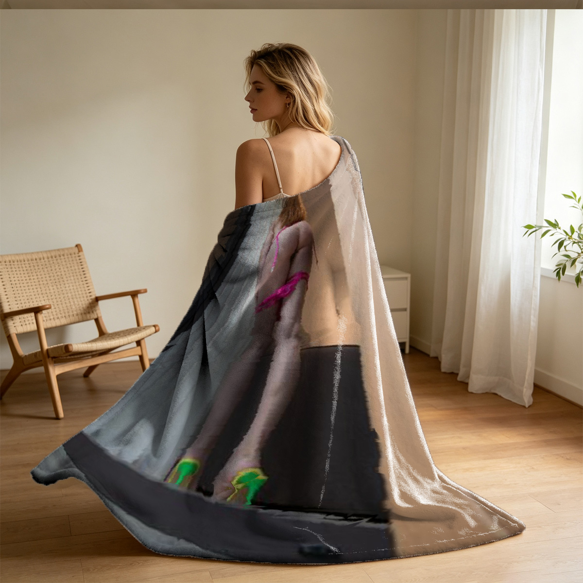 Blonde Woman in Black Lingerie Standing Over Woman on Bed - Blanket