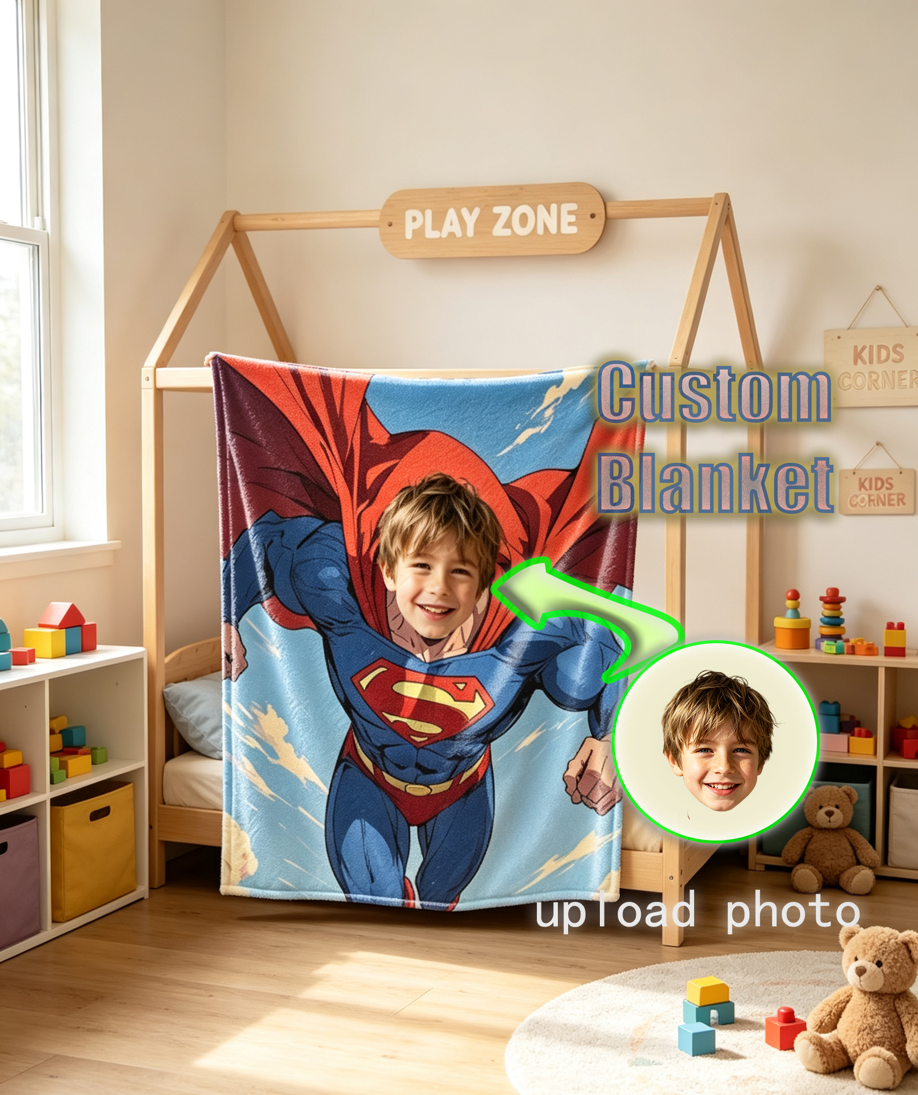 Custom Superhero Blanket – Personalized Name & Face, Soft Fleece Throw