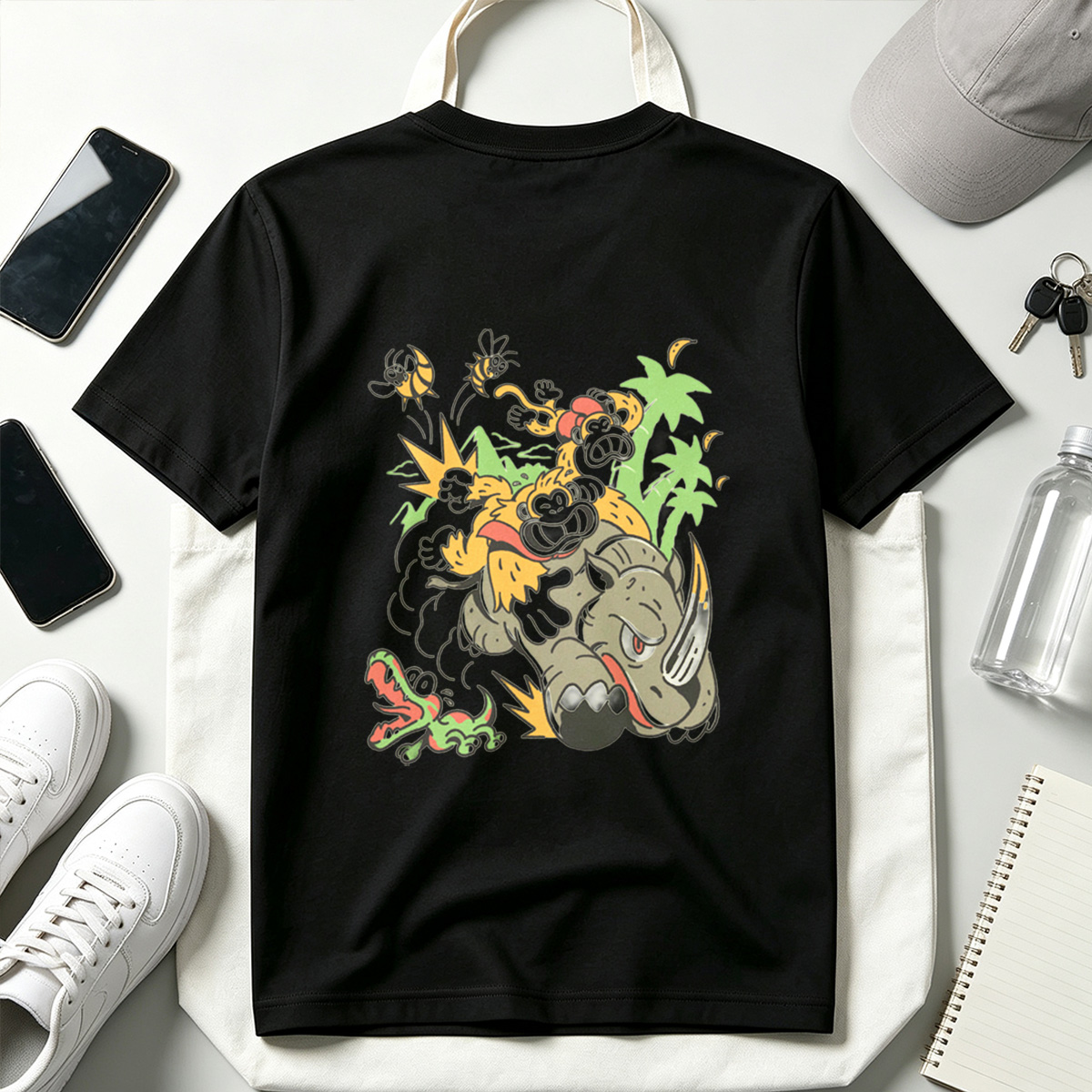Donkey Kong and Diddy Kong Ride a Rhinoceros Through Jungle Chaos - Tee