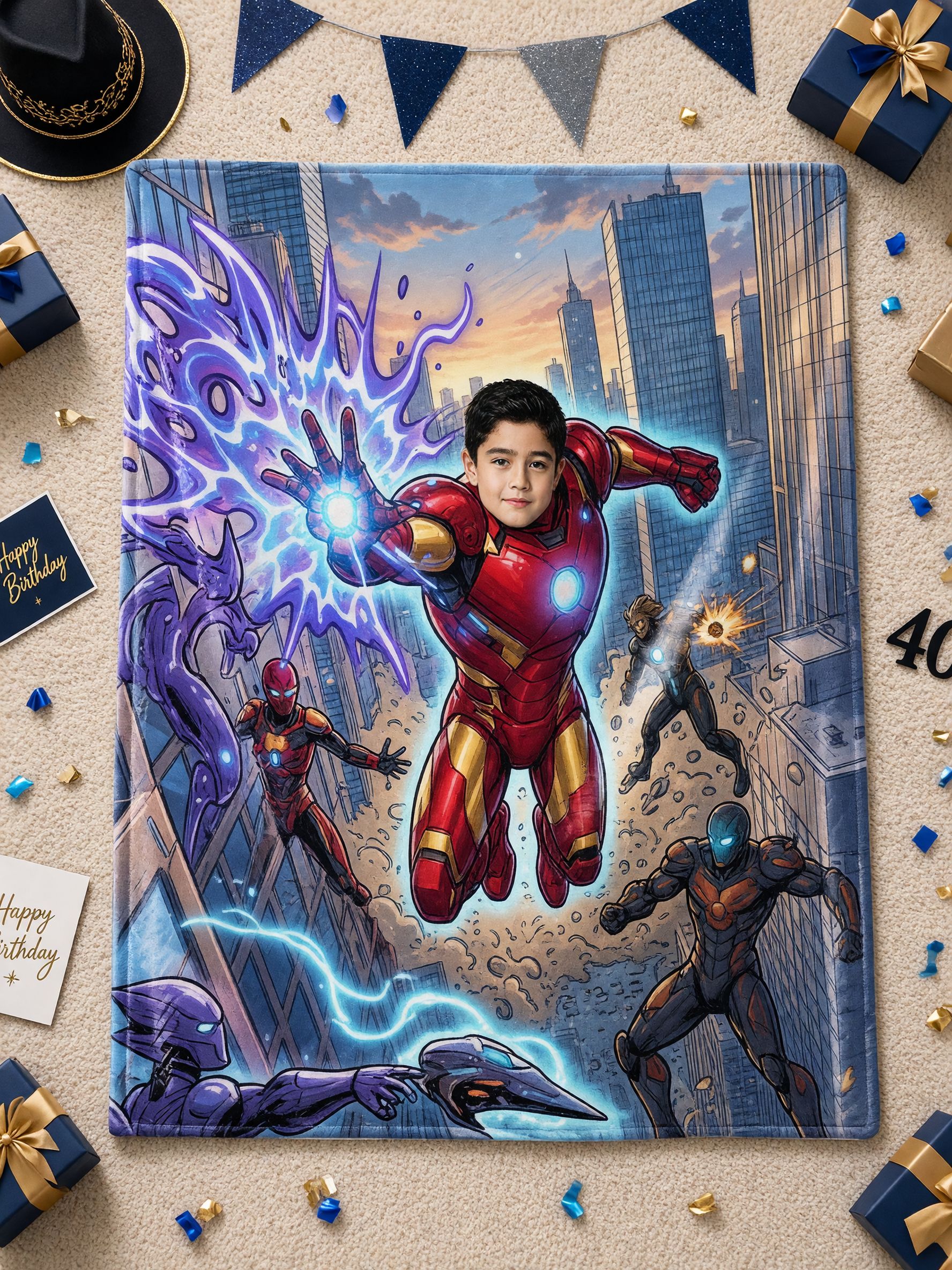 Custom Face Superhero Blanket Personalized Photo Flannel Throw, Soft Cozy Armored Hero Bedding Gift for Boys
