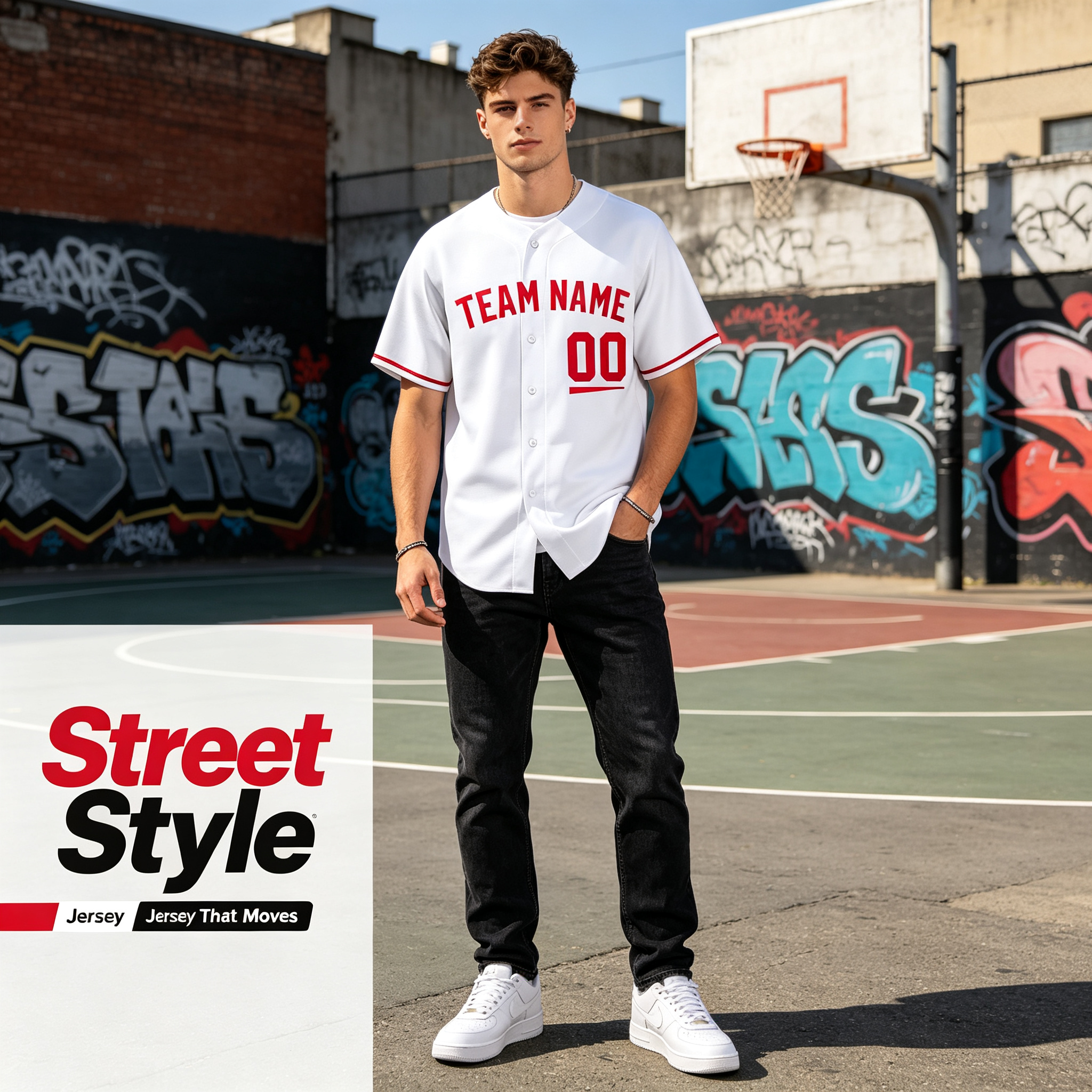 Custom Printed Cincinnati Style Baseball Jersey White Red Trim Button Down Shirt for Men and Women