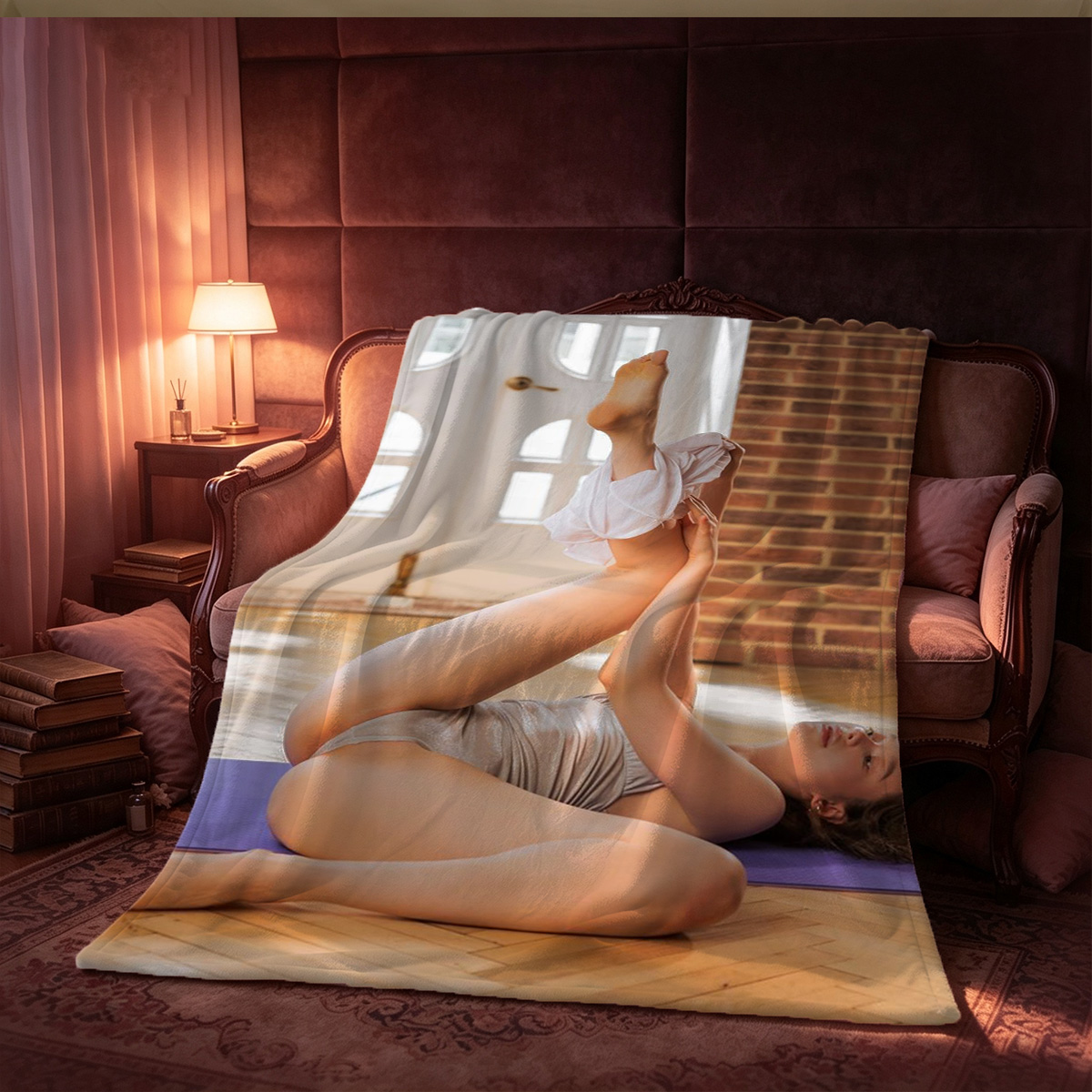 Nude woman lying on grey couch - Blanket